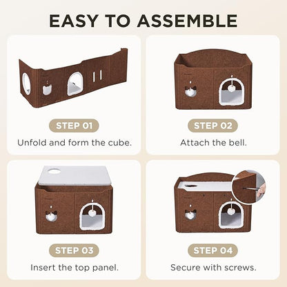 Joydeco Cat House for Indoor Cats, Extra Wide Scratch Resistant Felt Cat Condo, Hideaway Pet Cave Bed with Fluffy Ball and Tunnel for Kitten, Small Dogs, Rabbits, 22.4 x 13.7 x 14.9, Coffee