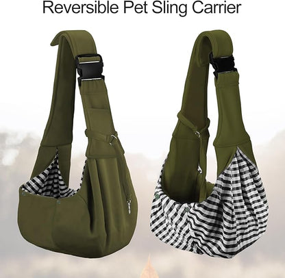 PETLOFT Reversible Dog Cat Sling Carrier, Small Dog Carrier, Adjustable Dog Sling, Hands Free Cross Body Carrier with Collar Hook for Dog/Cat/Bunny up to 11lb (Army Green)