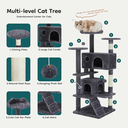 DUMOS 54-inch Indoor Cat Tree Tower –Multi-Level Pet House for Large Cats with 2 Condos, Scratching Posts, Round Platform, Small Ladder, and Toys – Perfect for Cats of All Ages, Navy Blue