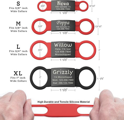 Anavia Slide On Silent Pet ID Tags, S/M/L/XL Personalized Black Stainless Steel Colored Silicone Cat Dog Name Tag, Customized Engraved Nameplate, Quiet Chew-Proof Pet Collar Tag (Black, X-Large)