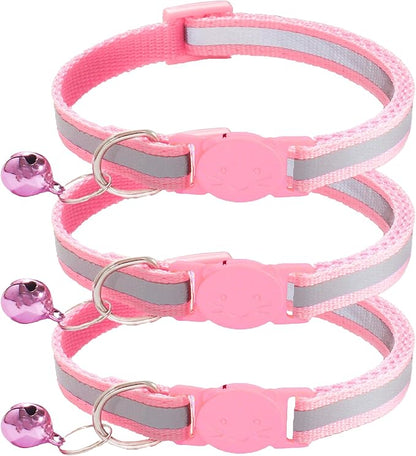 3 Pack Reflective and Breakaway Cat Collars with Bells，Adjustable Kitten Collars from 7.5 to 12.5 Inches, Ideal of Kitten Collar, Suitable for Girls and Boys (Pink)