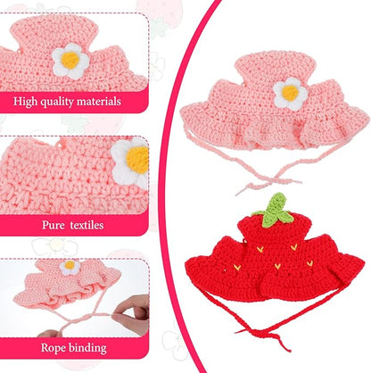 2PCS Strawberry Cat Hats Cute Flower Crochet Hats for Cats Small Pets Birthday Party Christmas Halloween Easter Travel Accessories Puppy Hat