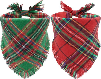 Christmas Dog Bandanas 2PCS-Large,Winter Classic Red Green Plaid Dog Scarf with Tassels Edges,Triangle Holiday Outfit for Boy and Girl Dogs,Pet Costumes for Medium to Large Dogs
