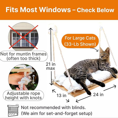 Large Cat Window Perch with Industrial-Grade Suction Cups - Solid Pine Wood Hammock Bed, Soft Cushion - 42 lb Capacity for Heavy Cats Inside