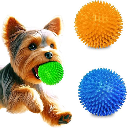 Meric CoCoo 3-Pack Squeaky Dog & Ferret Ball Toys, 2.3", Massage Teeth and Gums, Spikey Cat Rubber Balls, Toss Fetch Squeeky Doggy Balls for Multi-Pet Homes