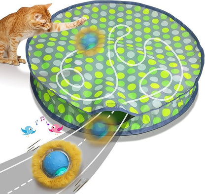 Interactive Cat Toys Ball Fast Rolling in Pouch, Motion Activate Chirping Cat Toy Hide and Seek Mouse Catching Game (Green Polka dot)
