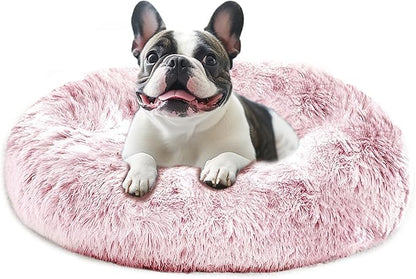 JOLLYVOGUE Calming Dog Bed Medium Size Dog, Anti-Anxiety Donut Medium Pet Bed, 27 inches Fluffy Faux Fur Round Cat Bed (Smoke Pink)