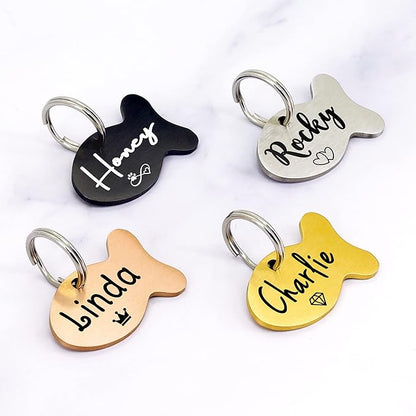 Ultra Joys Cat ID Tag Personalized Pet Tags, Durable Stainless Steel Small Pet Mini Dog Cat Tag Lightweight - Fish Tag in Black