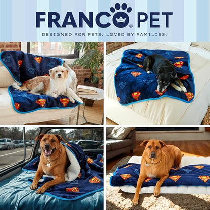 Franco Pet Superman DC Comics Super Soft Cozy Waterproof Sherpa-Backed Blanket Throw for Medium Dogs, Couch/Bed/Car, 40x50 (Officially Licensed Product)