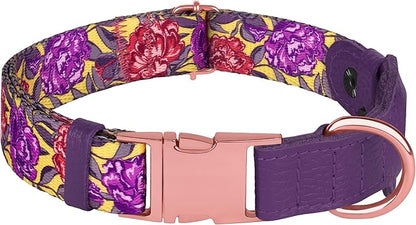 AirTag Dog Collar for Small Medium Large Breed - Adjustable Cute Pattern Dog Collar with Airtag Holder - Soft Leather Tracker GPS Apple Air Tag Pet Collars (Medium, 14"-18" Neck Fit, Peonies)