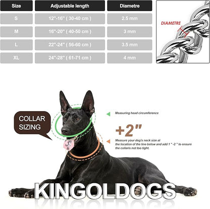 Silver Dog Chain Collar, Stainless Steel, Adjustable, Walking, Metal Cuban Link, Chew Proof, Double Row, for Large, Small, Medium Dogs