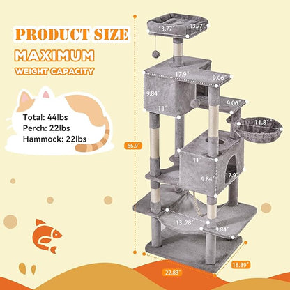 Sweetcrispy 66 Inch Cat Tree Tower, Multi Level Cat Climbing Tower with Natural Sisal Scratching Posts, Hammock, Pet Condo for Indoor Cats and Kittens Play, Grey
