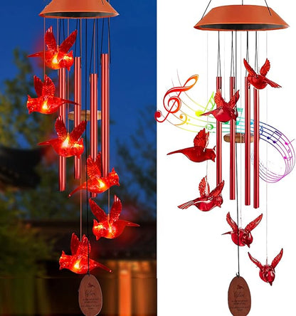 Solar Cardinal Wind Chimes Outdoor Solar Lights Cardinal Red Bird Windchimes Waterproof Hanging Decorations for Garden Patio,Gifts for Women Birthday Thanksgiving Party