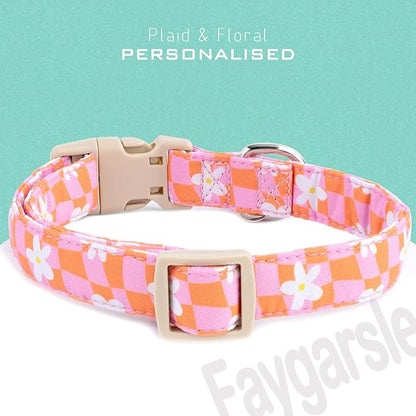 Faygarsle Floral Dog Collar, Pink and Orange Pattern with White Flowers, Spring Summer Design for Small Medium Large Dogs M