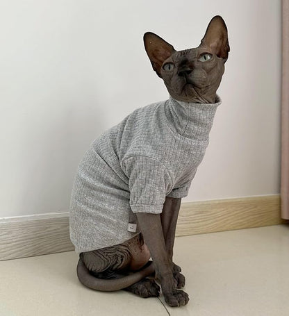 Sphynx Hairless Cats Shirt Cotton Cat Turtleneck Sweater Pullover Kitten T-Shirts with Sleeves Cat Pajamas Jumpsuit for Sphynx Cornish Rex, Devon Rex, Peterbald (Medium (Pack of 1), Light Grey)