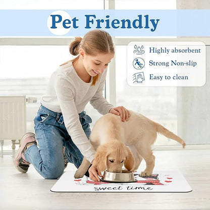 Sweet Cat Lovers Dog Cat Food Mat–Christmas Stocking Absorbent Waterproof Placemat for Food and Water Bowls, Non Slip Rubber Backing, Feeding Mat for Clean Floors 12"x20"