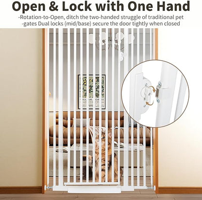 59“ Extra Tall Cat Gate for Doorway: 33.4-37.4” Wide Pet Gate, Auto Close/One Handed Open, 1.34” Extra Small Gap, No Drill Pressure Mount Tall Cat Gate for Interior Stairs/Kitchens/Hallways (White)