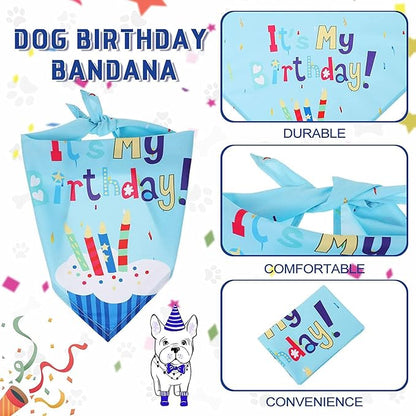 Dog Birthday Decorations,Puppy Birthday Party Outfits, Birthday Hat,Bow Tie,Bandana,Happy Birthday Banner,Pet Theme Suit Apparel & Accessories for Boy Golden Doodle Teddy Husky Labrador(4PCS Blue)