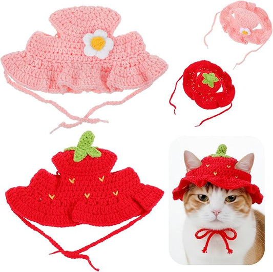 2PCS Strawberry Cat Hats Cute Flower Crochet Hats for Cats Small Pets Birthday Party Christmas Halloween Easter Travel Accessories Puppy Hat