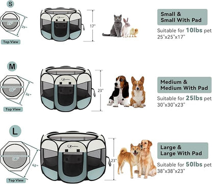 Dog Playpen with Washable Pee Pad, Puppy Pet Cat Playpen Small Dogs Tent Crate Indoor/Outdoor, Portable Pop Up Kennel with Carrying Case for Cats/Rabbits(Grey,Small with pad)