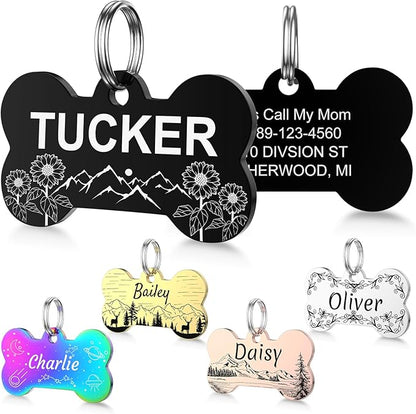 YEHANTI Dog Tags Personalized for Pets with Name Pattern Art Design - Engraved with Laser - Stainless Steel Cats Dogs ID Tags - Stylish Dog Collar Accessories (Bone)