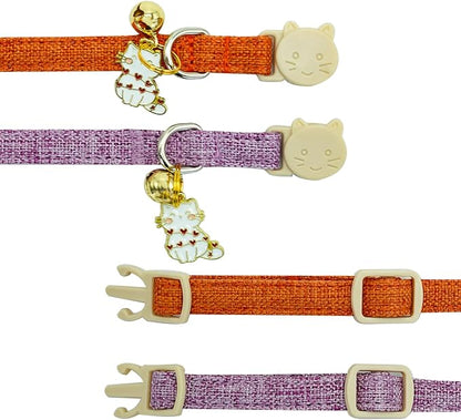 Elegant little tail 2 Pack Cat Collar- Halloween Orange&Purple Linnet Cat Collars Breakaway with Bell Pendant Wedding Kitten Boy Girl Safety Adjustable 7-12 Inch Collar for Small Cats Puppy
