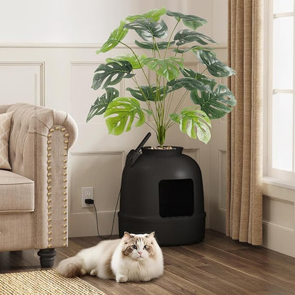 Lifewit Cat Litter Box, Hidden Enclosure Litter Tray with Odor Control System& Carbon Filter in Living Room, Bedroom, Corner with Faux Plant& Plastic Scoop, 48 x 120 cm/19x47, Black