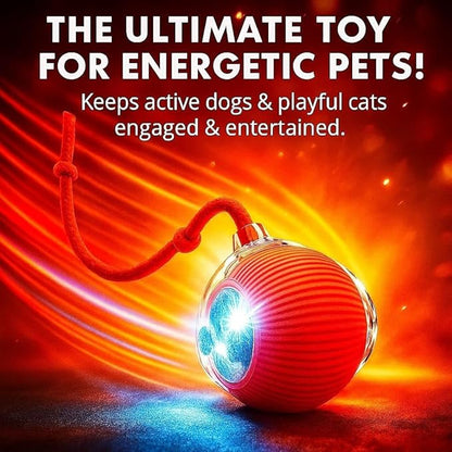 Interactive Electric Automatic Rolling Moving USB Rechargeable Self Activated Play Stimulation Toy Smart Chase Teaser Ball with Speedy Tail Rope for Bored Adult Indoor Cats and Dogs, Red Color