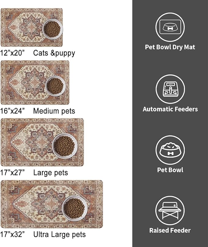 Dog Food Mats for Floors, Absorbent and Quick-Drying Pet Cat Food Mat,Anti-Fouling and Easy-to-Clean Pet Feeding Mat,Dog Bowl Mat for Messy Drinking Water Bowls.17 x32, Bohemia Style