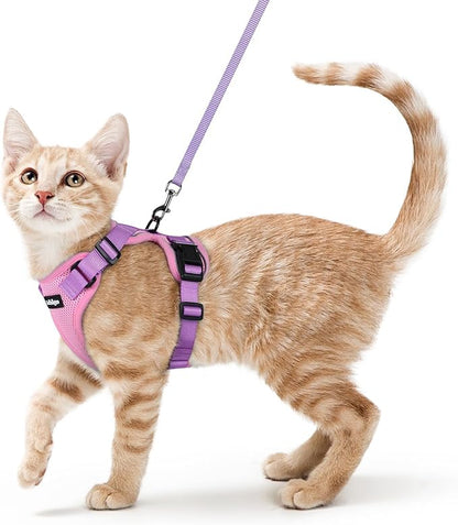 rabbitgoo Cat Harness and Leash for Walking, Escape Proof Soft Adjustable Vest Harnesses for Cats, Easy Control Breathable Reflective Strips Jacket, Pink & Purple, S