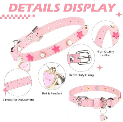 EXPAWLORER Leather Cat Collar for Girl Boy- Adjustable Pet Collar with Safety Elastic Belt,Personalized Star & Pearl Accessories Buckle Collars with Bell & Durable D-Ring,Pentagram (Pink)