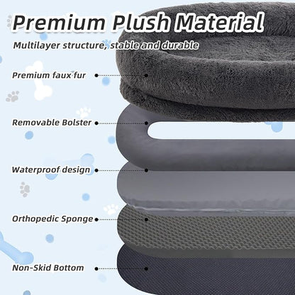 Human Dog Bed, 71''x45''x12'' Size Fits You and Pets, Washable Faux Fur Pet Bed for People Doze Off, Napping Orthopedic Dog Bed, Present Plump Pillow, Blanket, Strap - Dark Grey