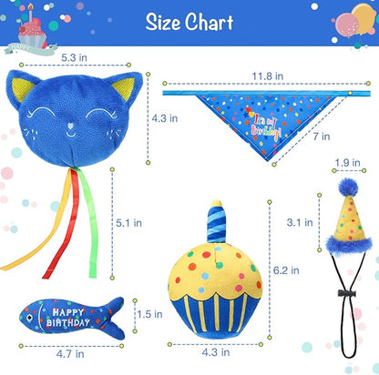 BINGPET Cat Birthday Catnip Toys for Indoor Cats, 5 Pcs Cat Birthday Gift Kitten Interactive Toy for Boy Girl Cats, Soft Plush Catmint Kitty Chew Kick Toy, Hat, Bandana, Balloon, Cake, Fish, Dark Blue