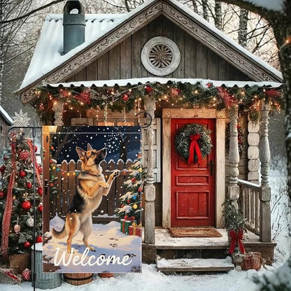 German Shepherd Welcome Garden Flag 12x18 Inch Double Sided Winter Christmas Burlap Yard Banner Outdoor Dog Lover Holiday Seasonal Decor for Home