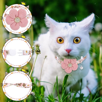 Cat Collars Breakaway Cat Collar with Bells, Rhinestone Flower Kitten Collars with Bell, Floral Pet Collar and Safety Buckle for Cats and Puppy Dog, 7.09-11.81inch (Pink)