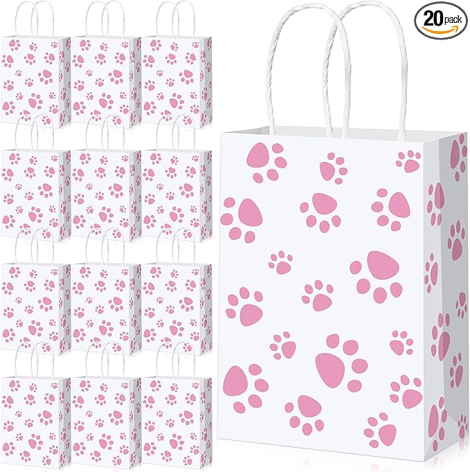 Blulu 20 Pcs Puppy Dog Paw Gift Bags with Paper Twist Handles, Dog Gift Paper Paw Treat Goodie Bags for PET Treat Party Favor, 6.3 x 3.1 x 8.6 Inch(White Backing, Pink Paws)