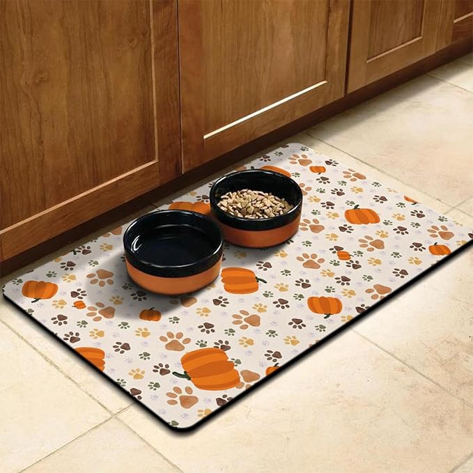 Fall Pumpkin Dog Food & Water Mat, Paw Prints Autumn Pet Feeding Mat for Floor Non-Slip Waterproof, Super Absorbent Cat Bowl Mat, Easy to Clean Eco-Friendly Durable Pet Placemat,16" × 24"