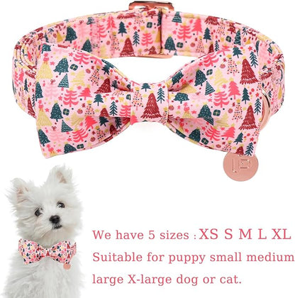 Christmas Dog Collar with Bow Tie, Pink Christmas Tree Collars for Dogs, Adjustable Pet Collar with Cute Xmas Tree Pendant, Winter Dog Accessories for Small Medium Large Dogs XS