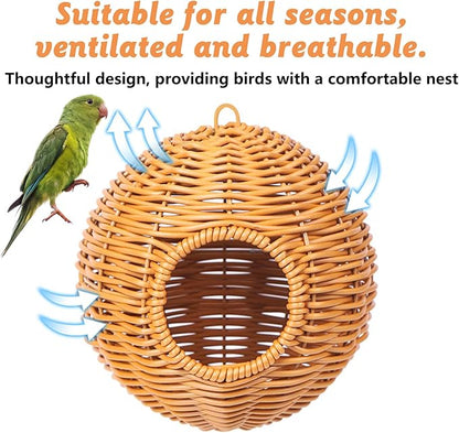 BNOSDM Rattan Bird Nest Parrot Nesting House Parakeet Hanging Swing Soft Lovebird Warm Bed Sleeping for Parrots Bird Cage Accessories for Cockatiels Budgerigars Finches Canaries (Single-Hole Style)
