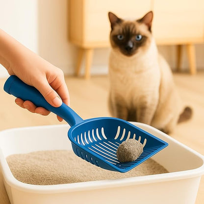 2-in-1 Pooper Scooper with Bag Attachment, Cat Litter Shovel Scoop with Bag, Built-in Dispenser, Includes Trash Roll, Rinse-Clean, Anti-Stick, Smart Sifter, Long Handle (Blue)