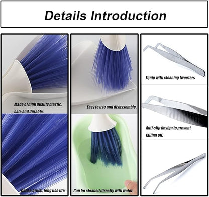 Tiny Cleanning Broom, Scooper Feeding Tool,Mini Dustpan and Brush, Stainless Steel Tweezer Reptile Tank Cleaner for Reptile and Other Small Animals Supplies 3Pcs