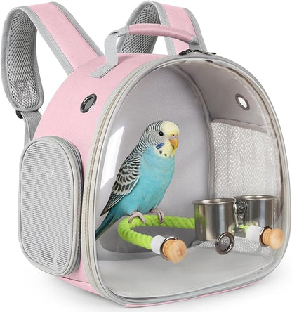 Small Bird Travel Backpack Carrier Cage with Cups, Backpack to Transport Backpack Carrier with Clamp Cups Stand Perch for Parakeet Cockatiel Budgies Vet Carry Book Bag Pink
