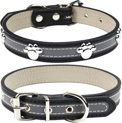 PETCARE Reflective Dog Collar with Cute Paw Rivet Studded Funny Soft PU Leather Adjustable Puppy Dog Collars for Small Medium Large Dogs Cats (Black,Medium)