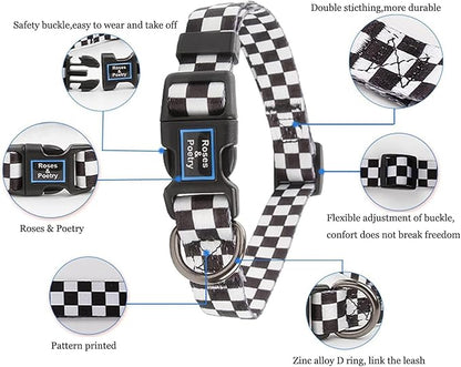 Roses&Poetry Dog Collar with Colourful Checkered Patterns, Adjustable Durable Puppy Collars for Small Medium Large Dogs (Black & White-M)