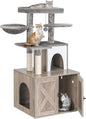 Snughome Cat Litter Box Enclosure with Tree Tower and Condo, Hidden Washroom Furniture with Sisal Scratching Post and Soft Plush Perch, Wooden Cat Furniture with Multiple Platforms, Grey