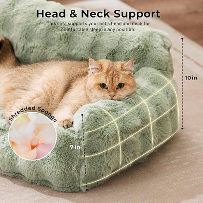 Orthopedic Cat Couch Bed for Indoor Cats, Cute Pet Sofa with Supportive Egg Foam, Fluffy Faux Fur Removable Washable Cover and Non-Slip Bottom, Ivory White