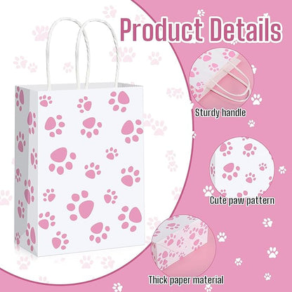Blulu 20 Pcs Puppy Dog Paw Gift Bags with Paper Twist Handles, Dog Gift Paper Paw Treat Goodie Bags for PET Treat Party Favor, 6.3 x 3.1 x 8.6 Inch(White Backing, Pink Paws)