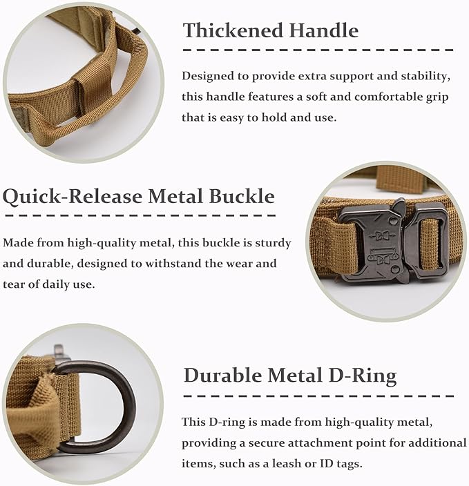 Tactical Dog Collar, Adjustable Military Training Nylon Dog Collar with Control Handle and Heavy Quick-Release Metal Buckle for Small Medium Large Dogs, Brown M