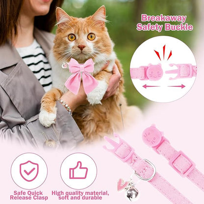 Cat Collar Breakaway with Bells, Soft Pure Cotton Pink Cat Bowtie Collar for Girl Cats, Small Cats Collar with Bow for Spring Summer, 2 Pack Cute Kitten Collars with Removable Bowtie 8-12Inch