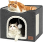 Bedsure Cat Beds for Indoor Cats - Large Cat Cave for Pet Cat House with Fluffy Ball Hanging and Scratch Pad, Foldable Cat Hideaway, 16.5x16.5x13 inches, Dark Grey